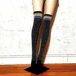 ●LAST PAIR● NWT, FACTORY SEALED. Black🌈Rhinestone Embellished Thigh High Socks